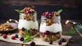 Greek yogurt with granola and cherries in a glass jar. Generative AI Royalty Free Stock Photo