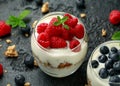 Greek yogurt with granola, raspberry, blueberry in glass jar. Healthy breakfast food or snack Royalty Free Stock Photo