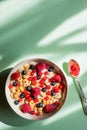 Greek yogurt, milk, granola and berry mix. Top view.diet breakfast - bowl of oat flake, berries and fresh milk on green Royalty Free Stock Photo