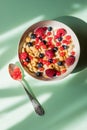 Greek yogurt, milk, granola and berry mix. Top view.diet breakfast - bowl of oat flake, berries and fresh milk on green Royalty Free Stock Photo