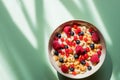 Greek yogurt, milk, granola and berry mix. Top view.diet breakfast - bowl of oat flake, berries and fresh milk on green Royalty Free Stock Photo