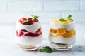 Greek yogurt strawberry and mango parfait in glasses