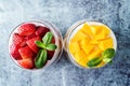 Greek yogurt strawberry and mango parfait in glasses