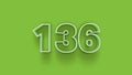 Green 3d symbol of 136 number icon on Green background