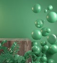 Green Abstract Background Scene Empty Wood Podium And Ball Floating With Tropic Plant 3d Render