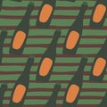 Green abstract bottle silhouettes seamless pattern. Green and brown stripped background