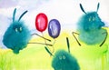 Green abstract drop hares play with balloons on the green lawn. Comic watercolor illustration