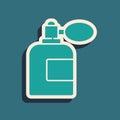 Green Aftershave bottle with atomizer icon isolated on green background. Cologne spray icon. Male perfume bottle. Long