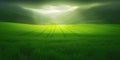 Green agricultural fields in mountainous area lit by dramatic sun beams. Realistic generative AI illustration
