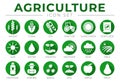 Green Agriculture Round Icon Set of Wheat, Corn, Soy, Tractor, Sunflower, Fertilizer, Sun, Water, Growth, Weather, Rain, Fields, Royalty Free Stock Photo