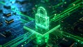 Green AI Cybersecurity Digital Lock on Microchip Data Encryption Secure Network Protection and Advanced Information Security Royalty Free Stock Photo