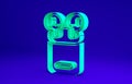 Green Air headphones in box icon isolated on blue background. Holder wireless in case earphones garniture electronic