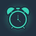 Green Alarm clock icon isolated on blue background. Wake up, get up concept. Time sign. Abstract circle random dots