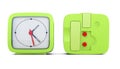 Green alarm clock with the two sides on white backgroun Royalty Free Stock Photo