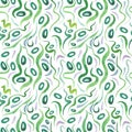 Green alga seamless pattern with natural watercolor illustrations of seaweed on the paper.