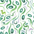 Green alga seamless pattern with natural watercolor illustrations of seaweed on the paper.