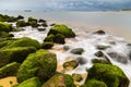 Green mossy seashore stones, green algea, white blur wave, Long exposure photo. Royalty Free Stock Photo