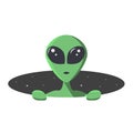 Green alien climbs out from the hole of space with stars. Extraterrestrial in flat cartoon style for t-shirt, print or textile.