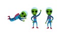 Green Alien Creatures in Spacesuit Standing and Waving Hand Vector Set Royalty Free Stock Photo