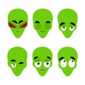 Green alien emoji. emotion set. Aggressive and good UFO face. Surprised and sleep. Space invader avatar collection