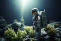 Green alien flora blooms as astronaut explores distant extraterrestrial planet
