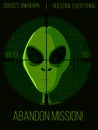 Green alien head under a hunter`s sniper poster. Banner of an outer space sci-fi creature being targeted. UFO strange concept Royalty Free Stock Photo