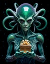 A green alien holds a golden gift box against a black background