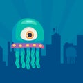 Green Alien Invade the City at Night Flat Design Alien Invasion Illustration