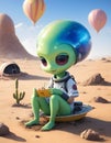 a green alien is sitting on a plate in the desert