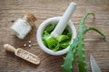 Green aloe vera leaf, mortar full of chopped aloe and bottle of homeopathy globules.