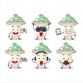 Green amanita cartoon character are playing games with various cute emoticons