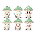 Green amanita cartoon in character with sad expression