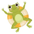 Green amphibia, cartoon cute frog, water animal. Funny froggy floats on inflatable ring, cheerful froglet flat vector illustration Royalty Free Stock Photo