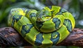 Green anaconda seen resting on a tree branch above the flowing river in its natural habitat