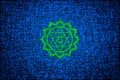 Green Anahata chakra sign sacred symbol on a blue background of shining stars, universe, flashing