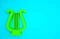 Green Ancient Greek lyre icon isolated on blue background. Classical music instrument, orhestra string acoustic element