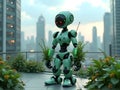 Green Android Ecological Guardian Robots in Urban Rooftop Gardens Royalty Free Stock Photo