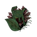 Green angry dinosaur velociraptor with red flower and leaves