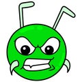 Green angry faced ant head, doodle icon drawing