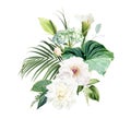 Green anthurium, white calla lily, green hydrangea, white peony and dahlia, rose, calathea, palm leaf, greenery design Royalty Free Stock Photo