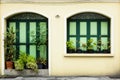 Green antique wood door and window at old concrete building. Royalty Free Stock Photo