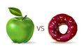 Green apple against sweet chocolate donut. Vegetarianism and healthy lifestyle. Junk food vs healthy vector concept template,