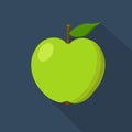 Green apple cartoon flat icon. Dark blue background. Vector illustration. Royalty Free Stock Photo