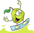 Green apple cartoon surfing on juice wave - vector Royalty Free Stock Photo