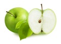 Green Apple and cut half part slice with leaves isolated on white background Royalty Free Stock Photo