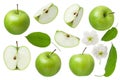 Green Apple for design package. Set of whole Apple, half and slice with leaf and flowers isolated on white background Royalty Free Stock Photo