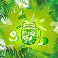 Green apple drink in mason jar decorated with leaves frame