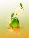 Green apple drop on juice splash and ripple, Realistic Fruit and yogurt, transparent, vector illustration