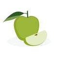 Green apple fruit with green leaf and slice isolated on white. Icon vector illustration Royalty Free Stock Photo