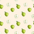 Green apple fruit and leaves seamless pattern. Food background. Vector cartoon flat illustration. Royalty Free Stock Photo
